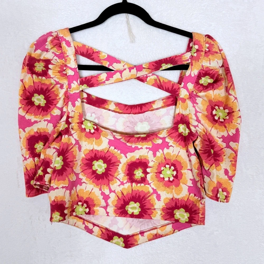 Free People Give Me More Crop Top Pink Floral Puff Sleeve Square Neck M Retro